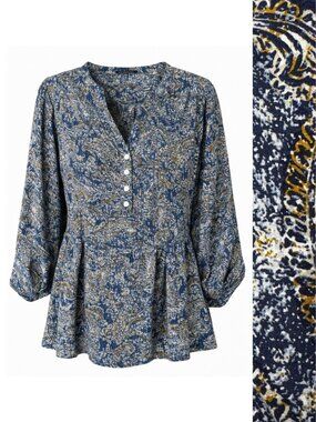 Zac and Rachel Woman Blue and Gold Paisley Blouse Roll Tab Sleeves 2X